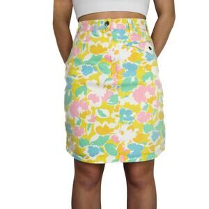 1990s Vintage Union Bay Yellow Pastel Floral High Rise Denim Mini Skirt 26"